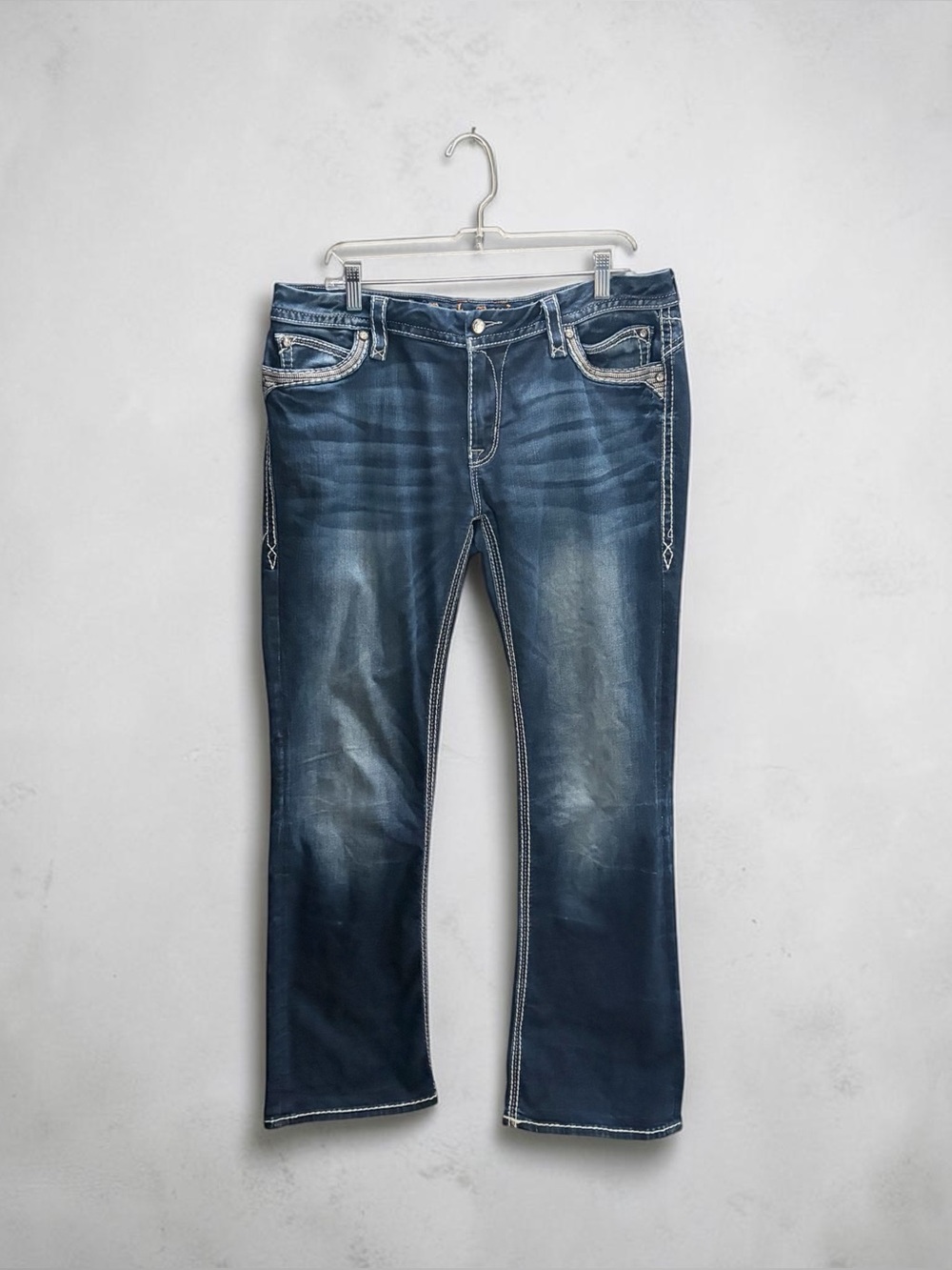 Rock Revival Women’s Dark Blue Bootcut Jeans with Faded Accents